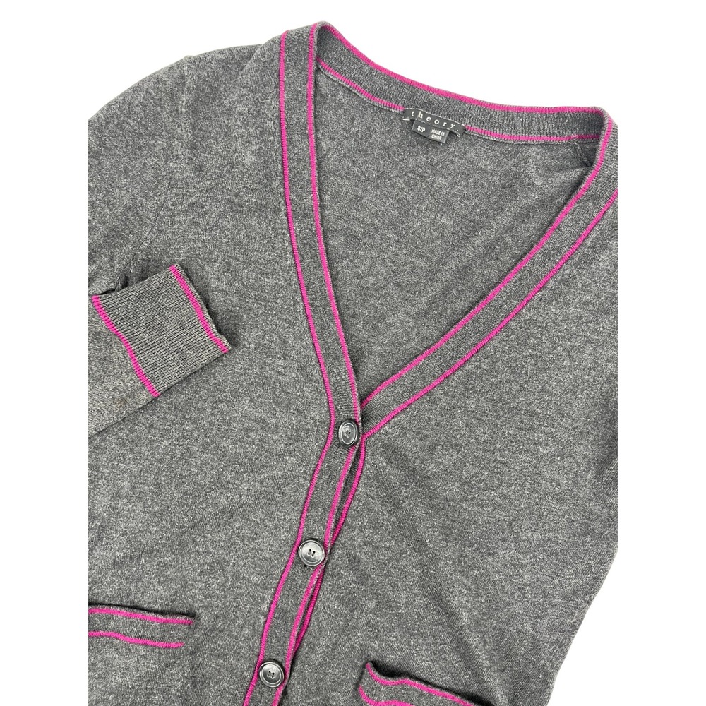 Theory Chelsea B Gray Pink Trim Cotton Cashmere V-Neck Cardigan Sweater Small P